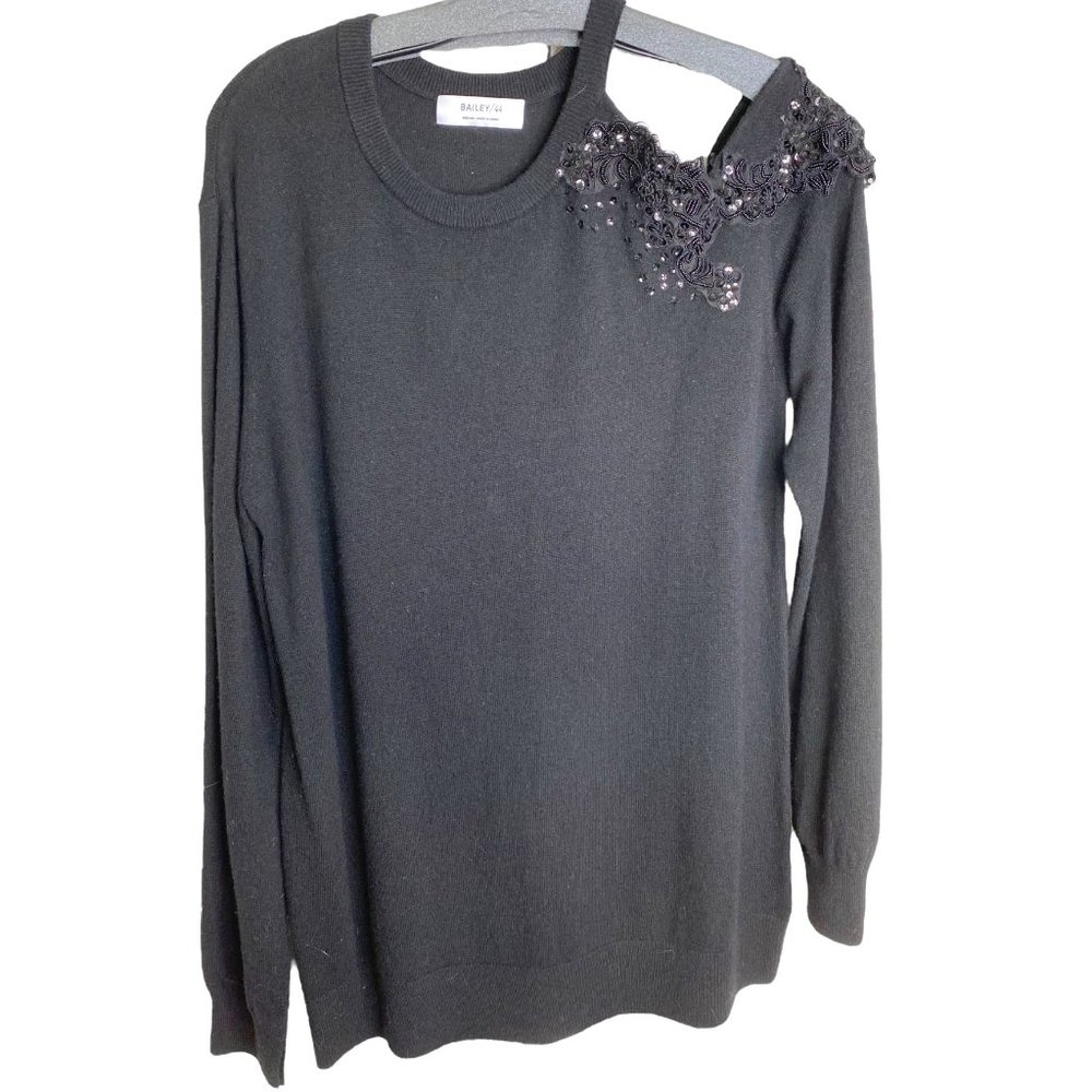 Bailey 44 Black Embellished Knit Sweater M Wool/Cashmere Blend Party Dinner Rave - Picture 2 of 11
